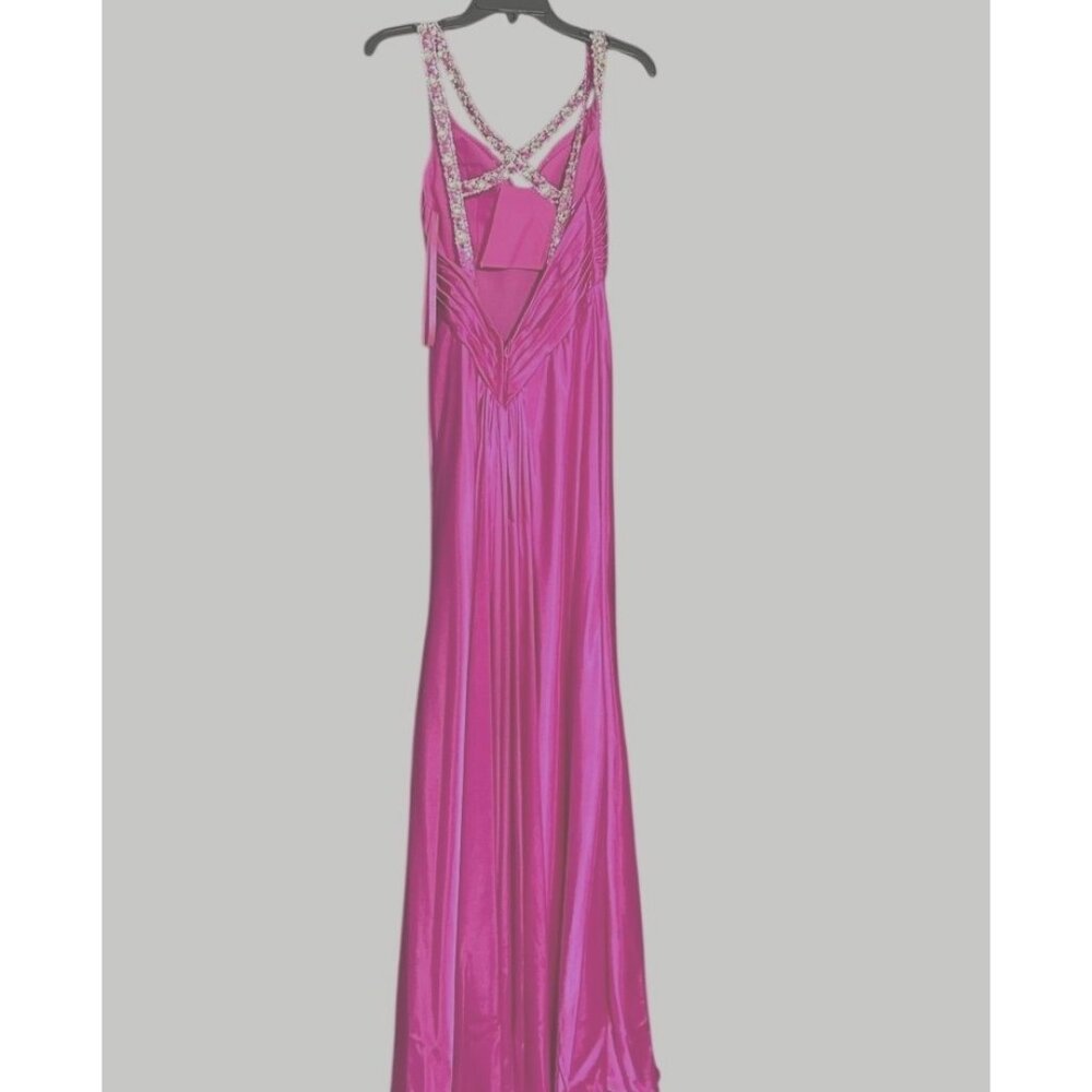 Vintage Mori Lee Y2K Fuchsia Formal Gown With Rhinestone Straps & Ruched Bodice - Picture 2 of 4